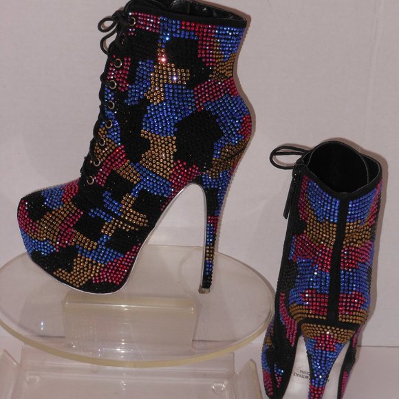 SHIEKH PLATFORM HIGH-HEEL MULTI-COLOR BEADED ANKLE BOOTS SIZE 8 MEDIUM - Picture 6 of 9